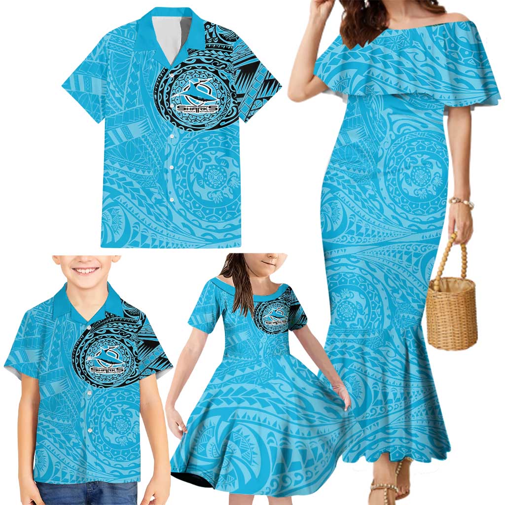 Personalized Cronulla Sutherland Sharks Family Matching Mermaid Dress and Hawaiian Shirt Polynesian Tribal Chest and Sleeve Tattoo