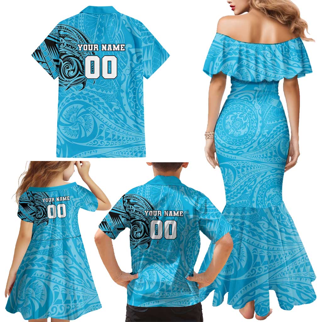 Personalized Cronulla Sutherland Sharks Family Matching Mermaid Dress and Hawaiian Shirt Polynesian Tribal Chest and Sleeve Tattoo