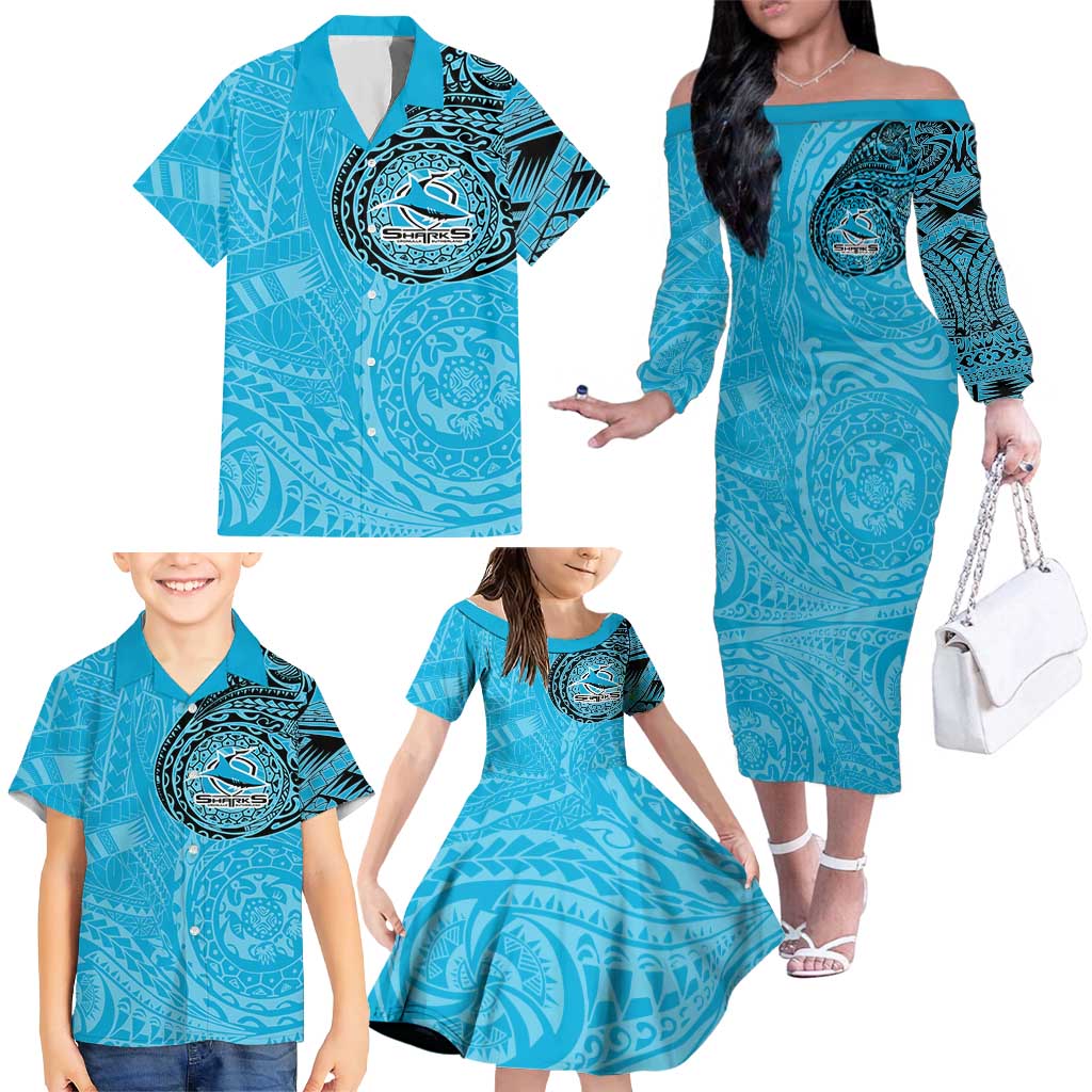 Personalized Cronulla Sutherland Sharks Family Matching Off The Shoulder Long Sleeve Dress and Hawaiian Shirt Polynesian Tribal Chest and Sleeve Tattoo