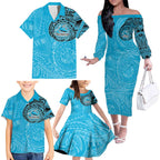 Personalized Cronulla Sutherland Sharks Family Matching Off The Shoulder Long Sleeve Dress and Hawaiian Shirt Polynesian Tribal Chest and Sleeve Tattoo