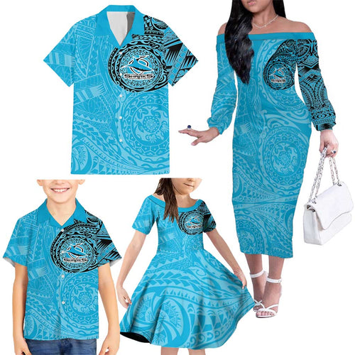 Personalized Cronulla Sutherland Sharks Family Matching Off The Shoulder Long Sleeve Dress and Hawaiian Shirt Polynesian Tribal Chest and Sleeve Tattoo