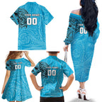 Personalized Cronulla Sutherland Sharks Family Matching Off The Shoulder Long Sleeve Dress and Hawaiian Shirt Polynesian Tribal Chest and Sleeve Tattoo