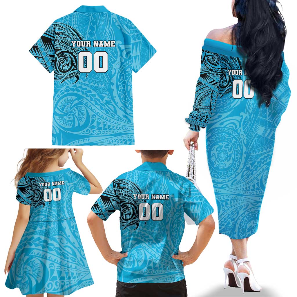 Personalized Cronulla Sutherland Sharks Family Matching Off The Shoulder Long Sleeve Dress and Hawaiian Shirt Polynesian Tribal Chest and Sleeve Tattoo