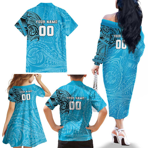Personalized Cronulla Sutherland Sharks Family Matching Off The Shoulder Long Sleeve Dress and Hawaiian Shirt Polynesian Tribal Chest and Sleeve Tattoo