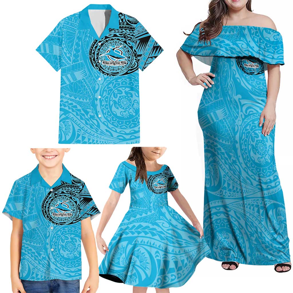Personalized Cronulla Sutherland Sharks Family Matching Off Shoulder Maxi Dress and Hawaiian Shirt Polynesian Tribal Chest and Sleeve Tattoo