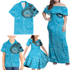 Personalized Cronulla Sutherland Sharks Family Matching Off Shoulder Maxi Dress and Hawaiian Shirt Polynesian Tribal Chest and Sleeve Tattoo