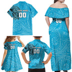 Personalized Cronulla Sutherland Sharks Family Matching Off Shoulder Maxi Dress and Hawaiian Shirt Polynesian Tribal Chest and Sleeve Tattoo