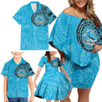 Personalized Cronulla Sutherland Sharks Family Matching Off Shoulder Short Dress and Hawaiian Shirt Polynesian Tribal Chest and Sleeve Tattoo