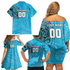 Personalized Cronulla Sutherland Sharks Family Matching Off Shoulder Short Dress and Hawaiian Shirt Polynesian Tribal Chest and Sleeve Tattoo