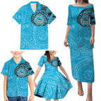 Personalized Cronulla Sutherland Sharks Family Matching Puletasi and Hawaiian Shirt Polynesian Tribal Chest and Sleeve Tattoo