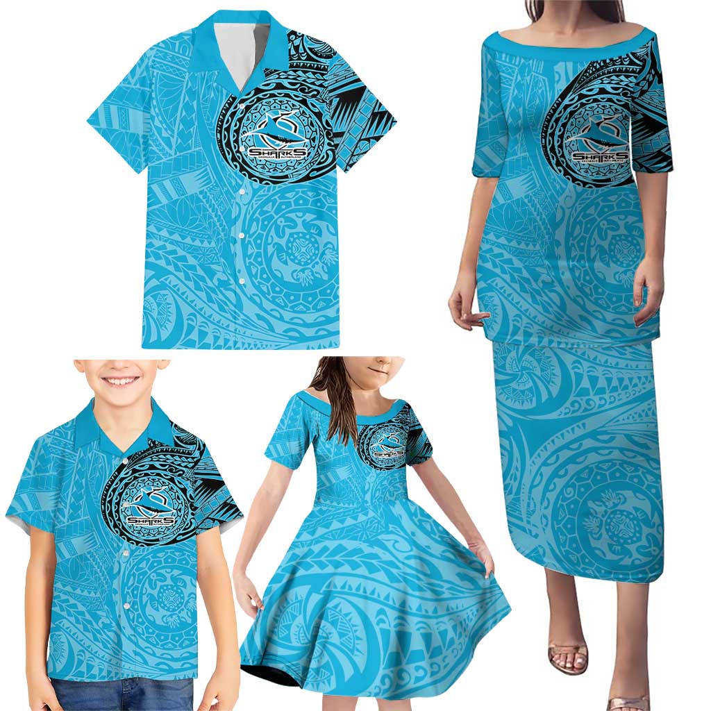 Personalized Cronulla Sutherland Sharks Family Matching Puletasi and Hawaiian Shirt Polynesian Tribal Chest and Sleeve Tattoo
