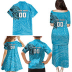 Personalized Cronulla Sutherland Sharks Family Matching Puletasi and Hawaiian Shirt Polynesian Tribal Chest and Sleeve Tattoo