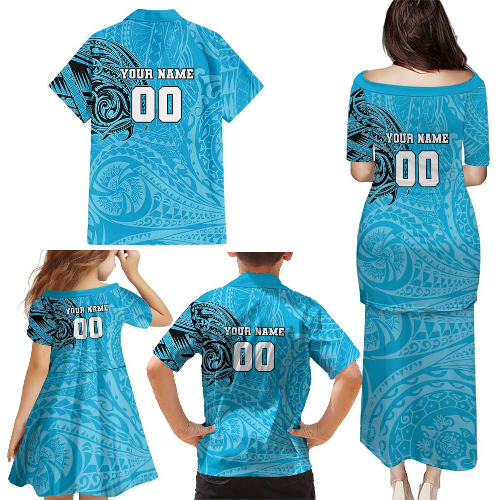 Personalized Cronulla Sutherland Sharks Family Matching Puletasi and Hawaiian Shirt Polynesian Tribal Chest and Sleeve Tattoo