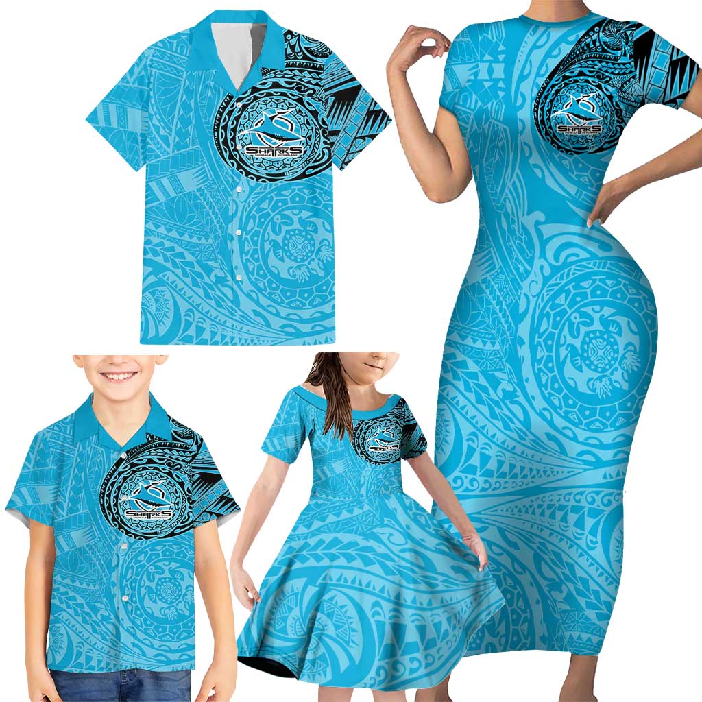 Personalized Cronulla Sutherland Sharks Family Matching Short Sleeve Bodycon Dress and Hawaiian Shirt Polynesian Tribal Chest and Sleeve Tattoo