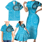 Personalized Cronulla Sutherland Sharks Family Matching Short Sleeve Bodycon Dress and Hawaiian Shirt Polynesian Tribal Chest and Sleeve Tattoo