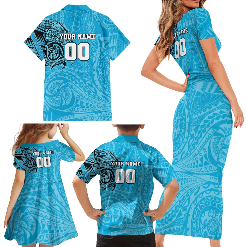 Personalized Cronulla Sutherland Sharks Family Matching Short Sleeve Bodycon Dress and Hawaiian Shirt Polynesian Tribal Chest and Sleeve Tattoo