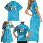 Personalized Cronulla Sutherland Sharks Family Matching Short Sleeve Bodycon Dress and Hawaiian Shirt Polynesian Tribal Chest and Sleeve Tattoo