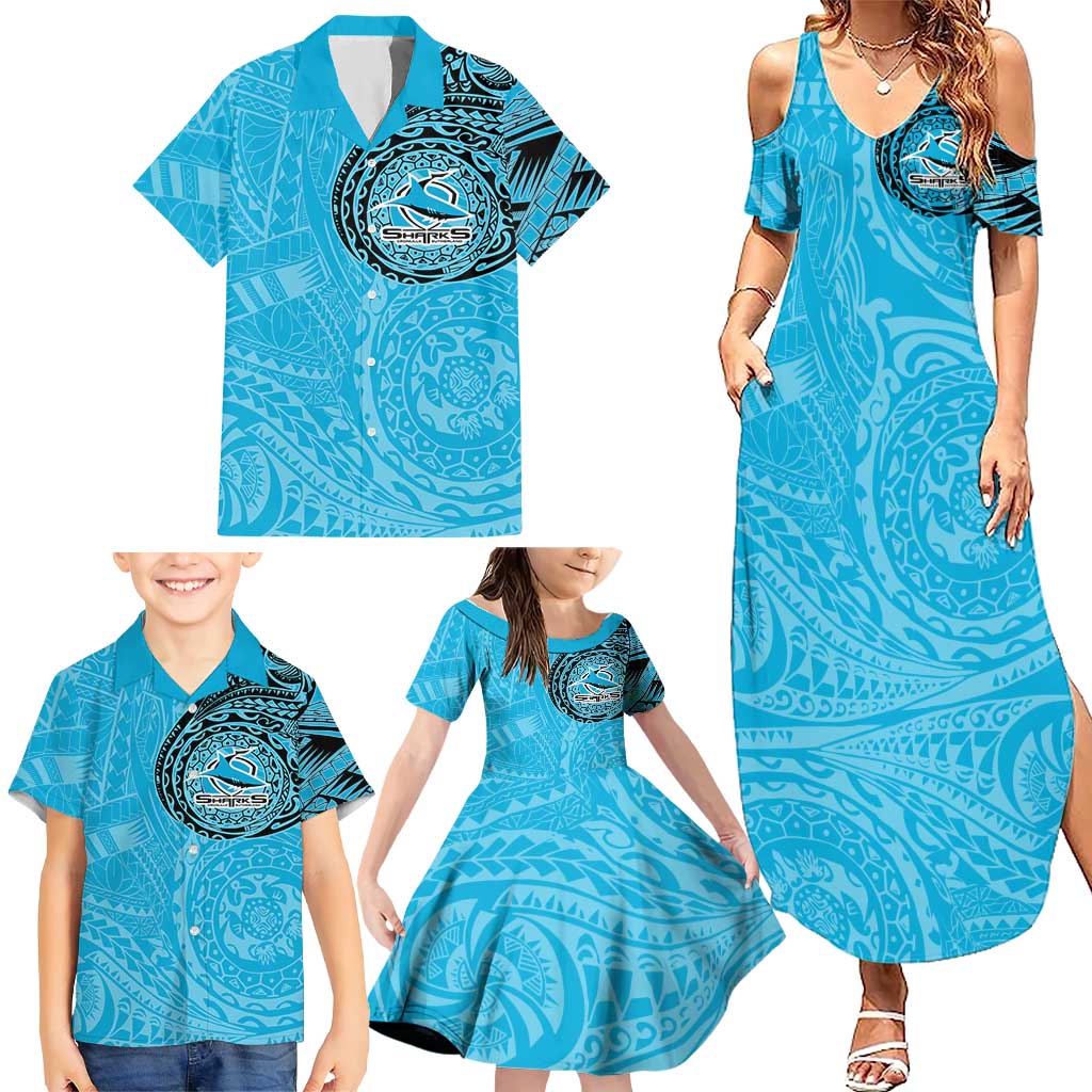 Personalized Cronulla Sutherland Sharks Family Matching Summer Maxi Dress and Hawaiian Shirt Polynesian Tribal Chest and Sleeve Tattoo