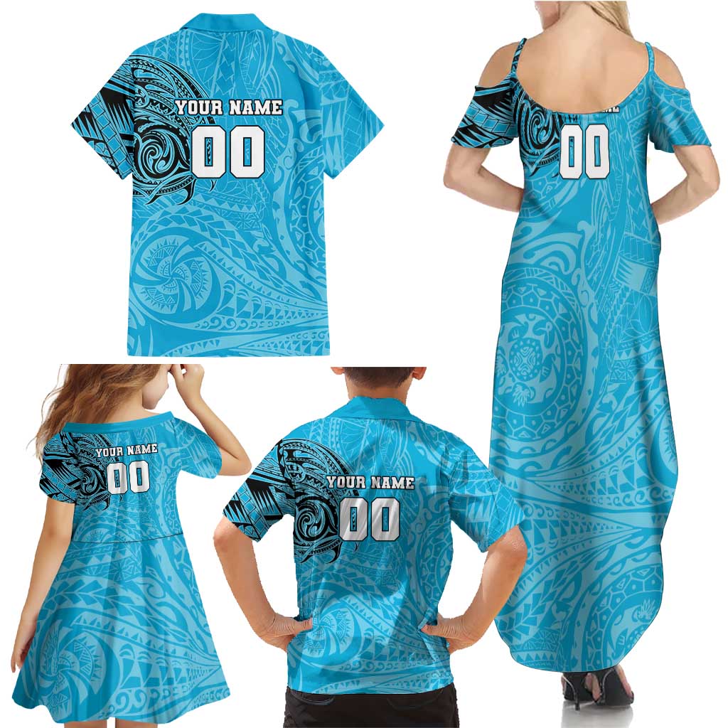 Personalized Cronulla Sutherland Sharks Family Matching Summer Maxi Dress and Hawaiian Shirt Polynesian Tribal Chest and Sleeve Tattoo