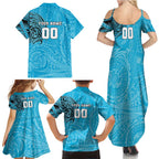 Personalized Cronulla Sutherland Sharks Family Matching Summer Maxi Dress and Hawaiian Shirt Polynesian Tribal Chest and Sleeve Tattoo