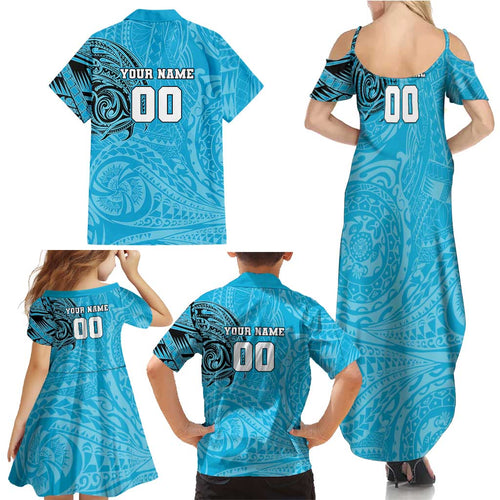 Personalized Cronulla Sutherland Sharks Family Matching Summer Maxi Dress and Hawaiian Shirt Polynesian Tribal Chest and Sleeve Tattoo