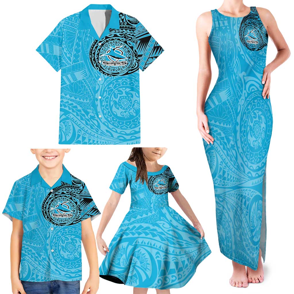 Personalized Cronulla Sutherland Sharks Family Matching Tank Maxi Dress and Hawaiian Shirt Polynesian Tribal Chest and Sleeve Tattoo