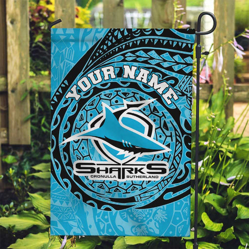 Personalized Cronulla Sutherland Sharks Garden Flag Polynesian Tribal Chest and Sleeve Tattoo