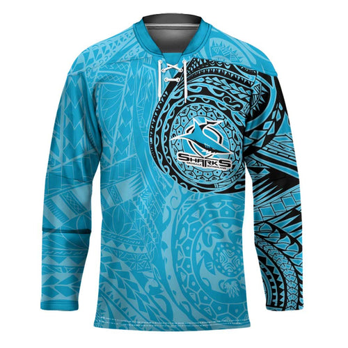 Personalized Cronulla Sutherland Sharks Hockey Jersey Polynesian Tribal Chest and Sleeve Tattoo