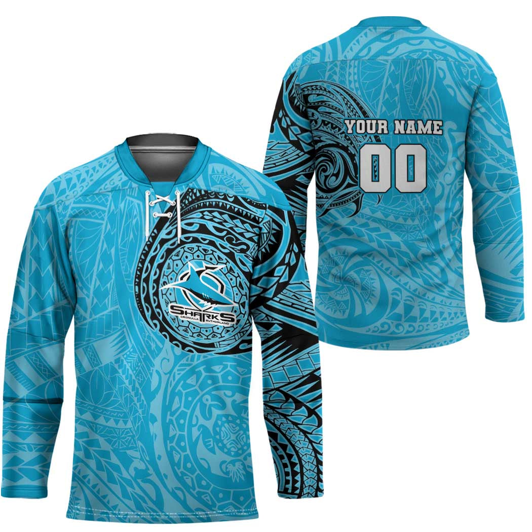 Personalized Cronulla Sutherland Sharks Hockey Jersey Polynesian Tribal Chest and Sleeve Tattoo