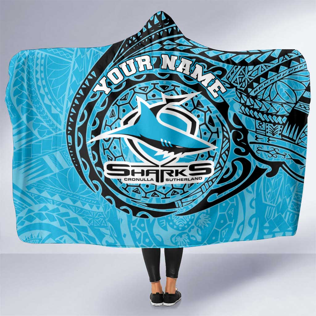 Personalized Cronulla Sutherland Sharks Hooded Blanket Polynesian Tribal Chest and Sleeve Tattoo