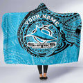 Personalized Cronulla Sutherland Sharks Hooded Blanket Polynesian Tribal Chest and Sleeve Tattoo