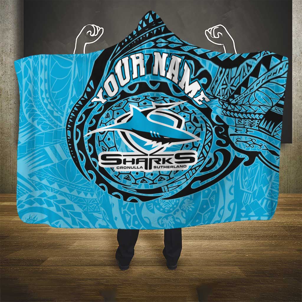 Personalized Cronulla Sutherland Sharks Hooded Blanket Polynesian Tribal Chest and Sleeve Tattoo