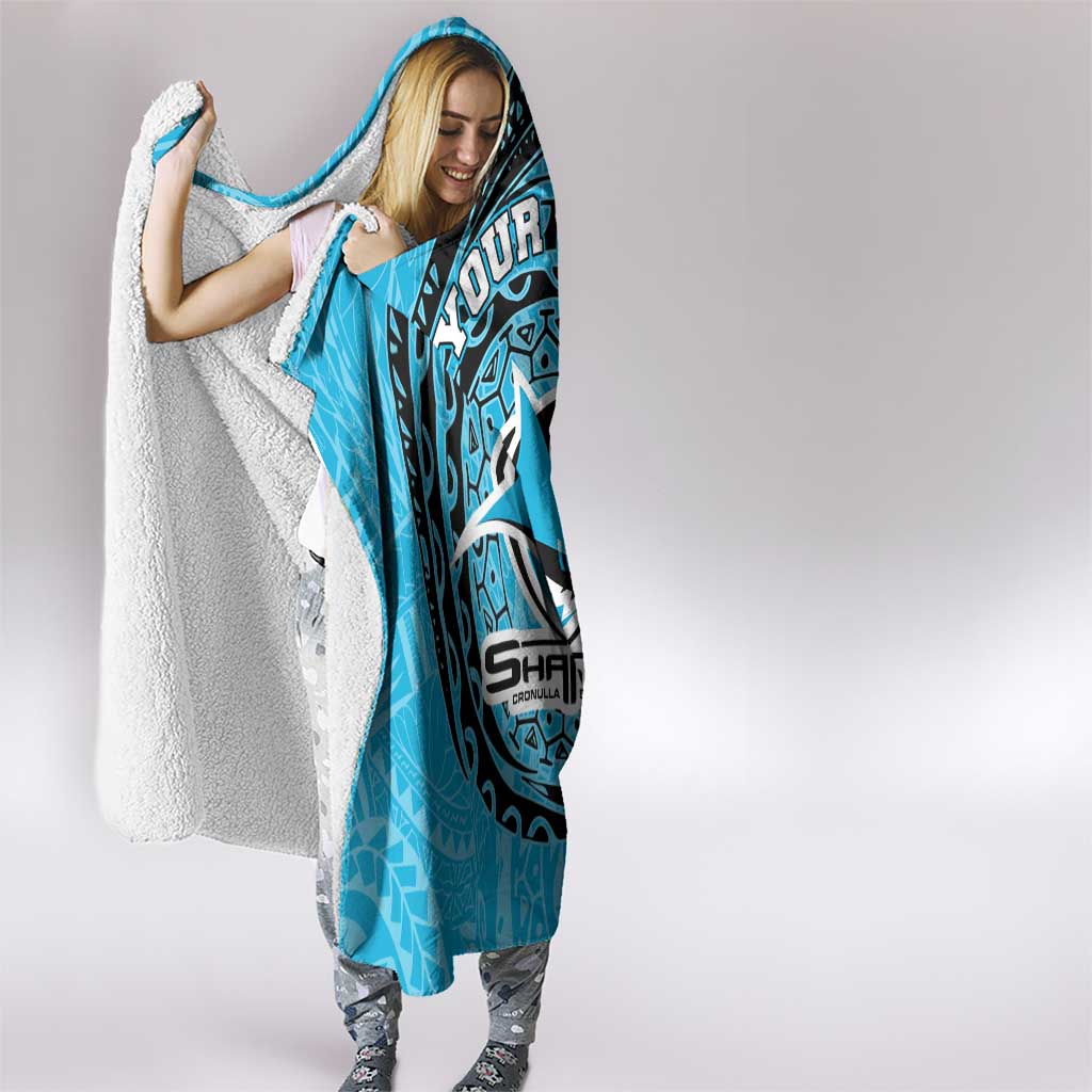 Personalized Cronulla Sutherland Sharks Hooded Blanket Polynesian Tribal Chest and Sleeve Tattoo