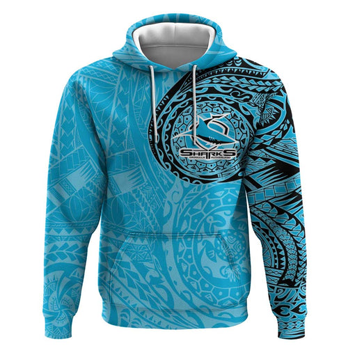 Personalized Cronulla Sutherland Sharks Hoodie Polynesian Tribal Chest and Sleeve Tattoo