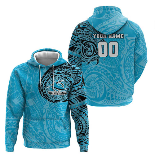 Personalized Cronulla Sutherland Sharks Hoodie Polynesian Tribal Chest and Sleeve Tattoo