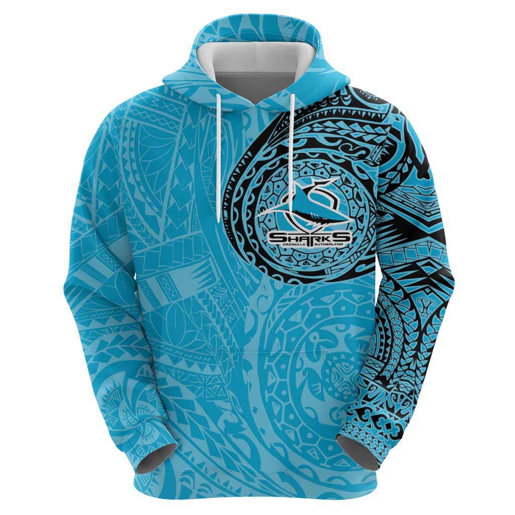 Personalized Cronulla Sutherland Sharks Hoodie Polynesian Tribal Chest and Sleeve Tattoo