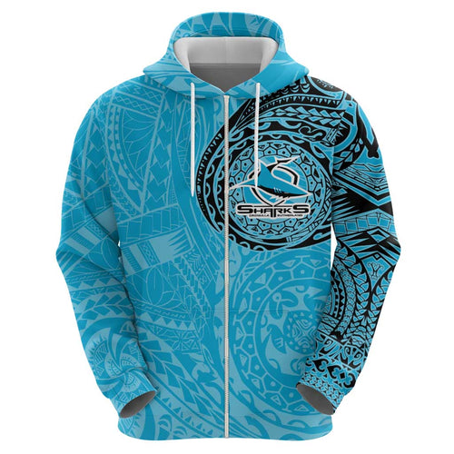 Personalized Cronulla Sutherland Sharks Hoodie Polynesian Tribal Chest and Sleeve Tattoo