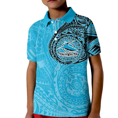 Personalized Cronulla Sutherland Sharks Kid Polo Shirt Polynesian Tribal Chest and Sleeve Tattoo