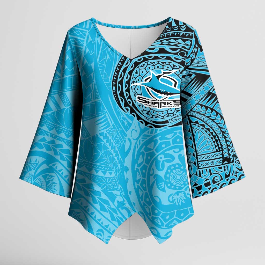 Personalized Cronulla Sutherland Sharks Kimono Sleeve Blouse Polynesian Tribal Chest and Sleeve Tattoo