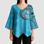 Personalized Cronulla Sutherland Sharks Kimono Sleeve Blouse Polynesian Tribal Chest and Sleeve Tattoo