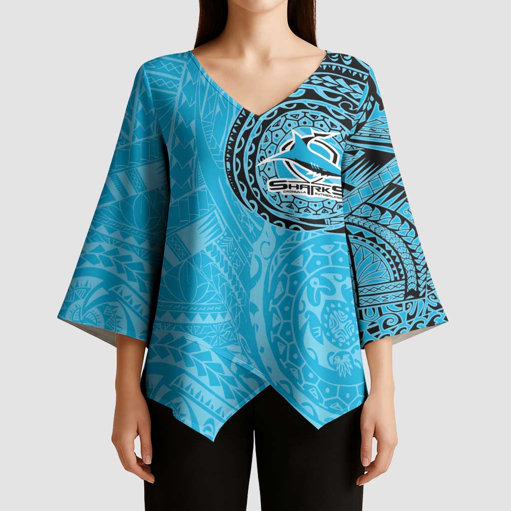 Personalized Cronulla Sutherland Sharks Kimono Sleeve Blouse Polynesian Tribal Chest and Sleeve Tattoo