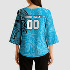 Personalized Cronulla Sutherland Sharks Kimono Sleeve Blouse Polynesian Tribal Chest and Sleeve Tattoo