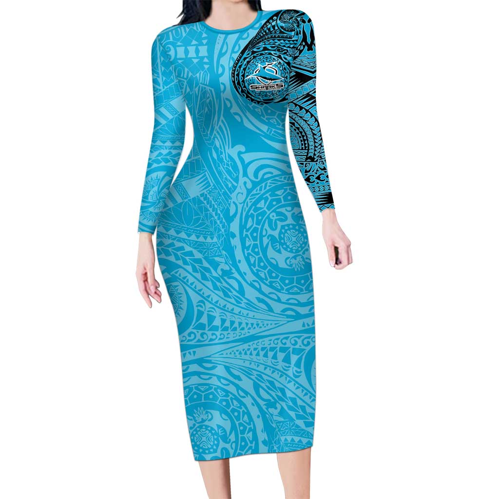 Personalized Cronulla Sutherland Sharks Long Sleeve Bodycon Dress Polynesian Tribal Chest and Sleeve Tattoo