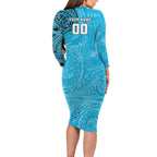 Personalized Cronulla Sutherland Sharks Long Sleeve Bodycon Dress Polynesian Tribal Chest and Sleeve Tattoo