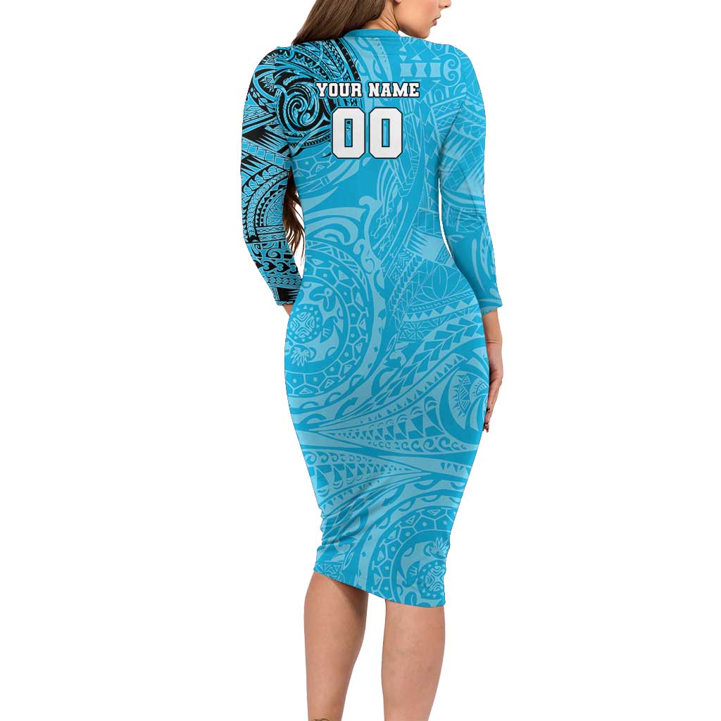 Personalized Cronulla Sutherland Sharks Long Sleeve Bodycon Dress Polynesian Tribal Chest and Sleeve Tattoo