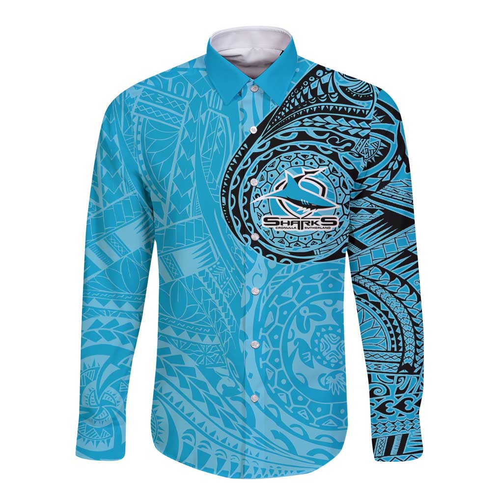 Personalized Cronulla Sutherland Sharks Long Sleeve Button Shirt Polynesian Tribal Chest and Sleeve Tattoo