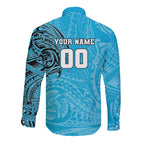 Personalized Cronulla Sutherland Sharks Long Sleeve Button Shirt Polynesian Tribal Chest and Sleeve Tattoo