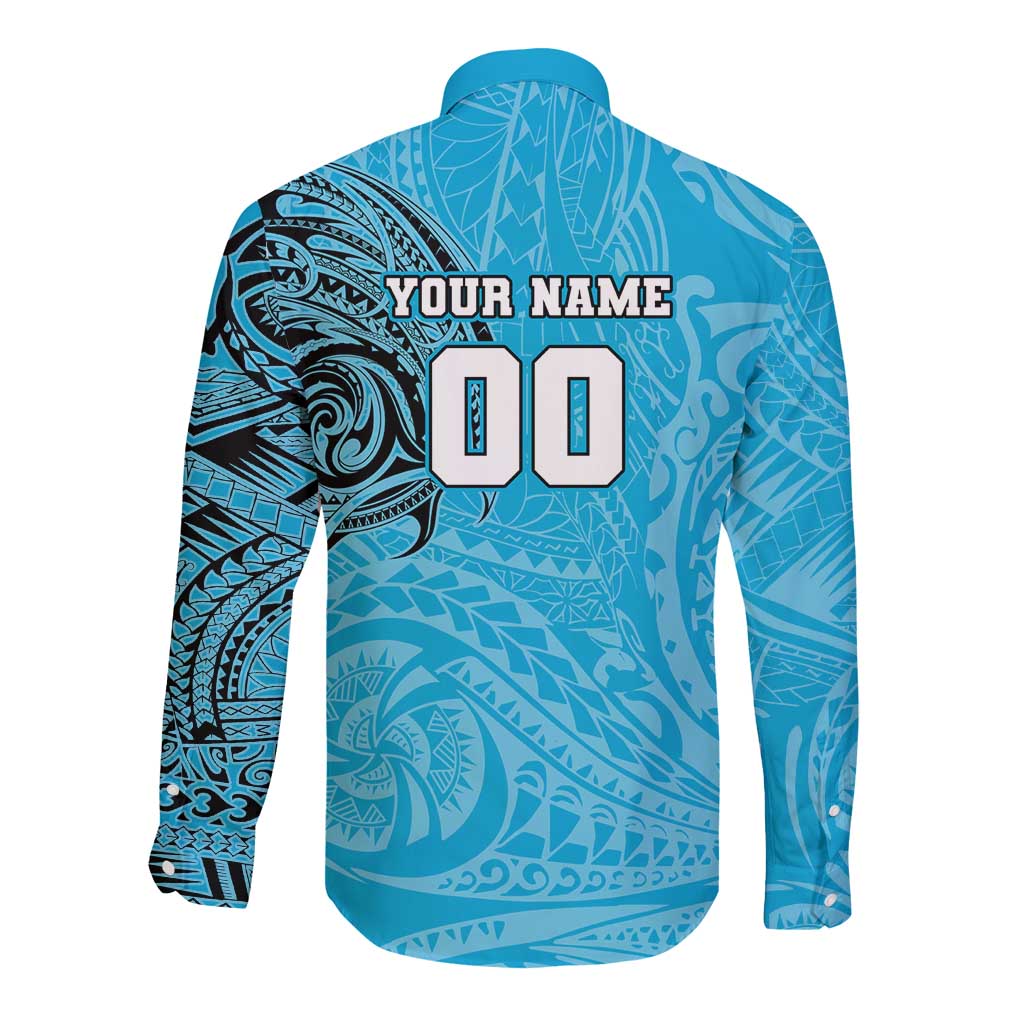 Personalized Cronulla Sutherland Sharks Long Sleeve Button Shirt Polynesian Tribal Chest and Sleeve Tattoo