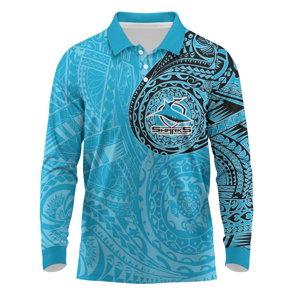 Personalized Cronulla Sutherland Sharks Long Sleeve Polo Shirt Polynesian Tribal Chest and Sleeve Tattoo