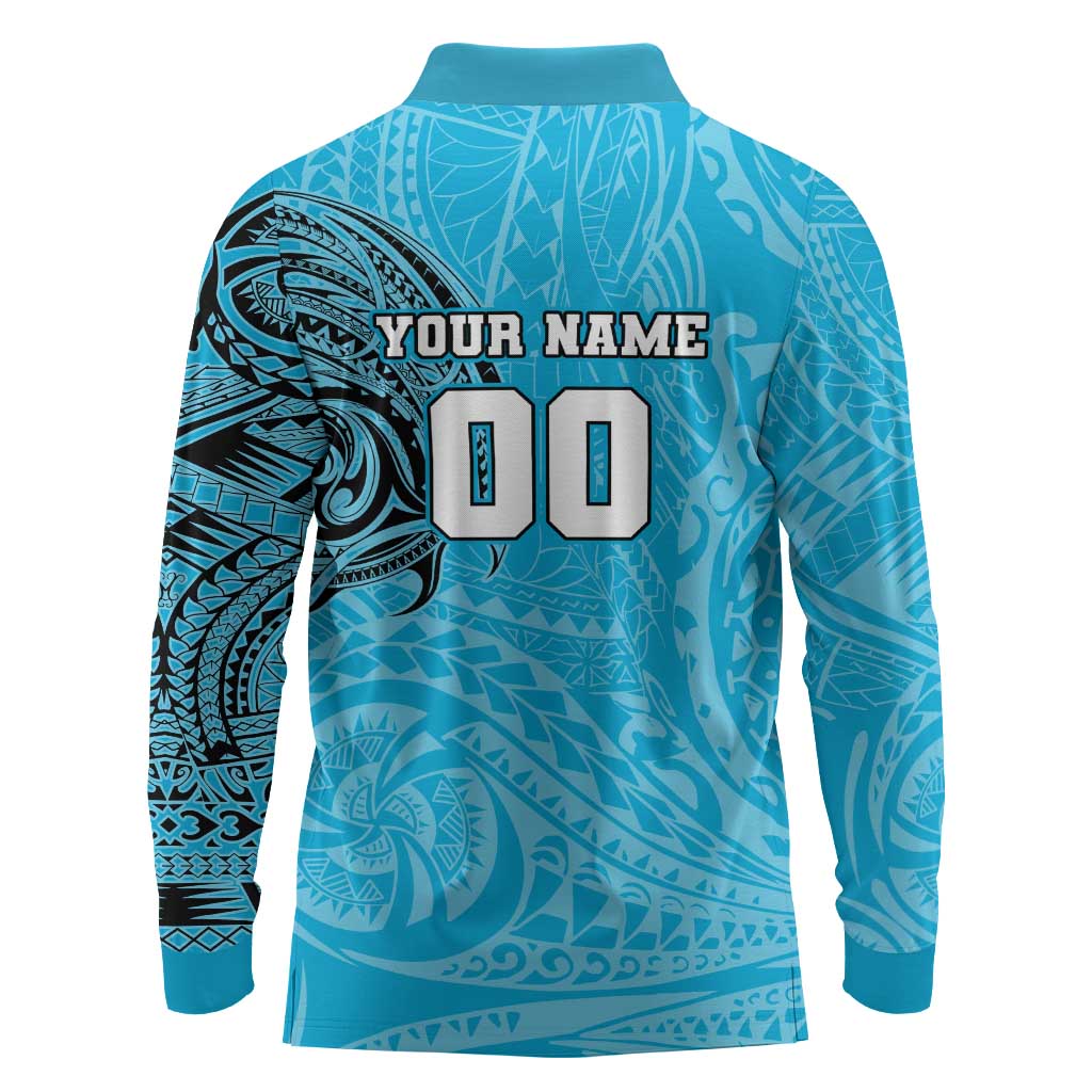 Personalized Cronulla Sutherland Sharks Long Sleeve Polo Shirt Polynesian Tribal Chest and Sleeve Tattoo